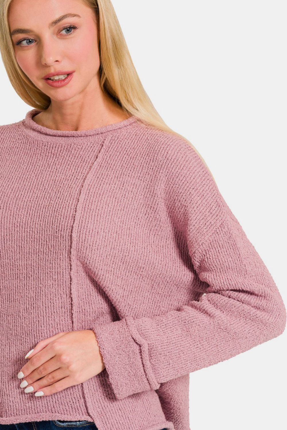 Zenana Asymmetric Hem Drop Shoulder Sweater - Rose