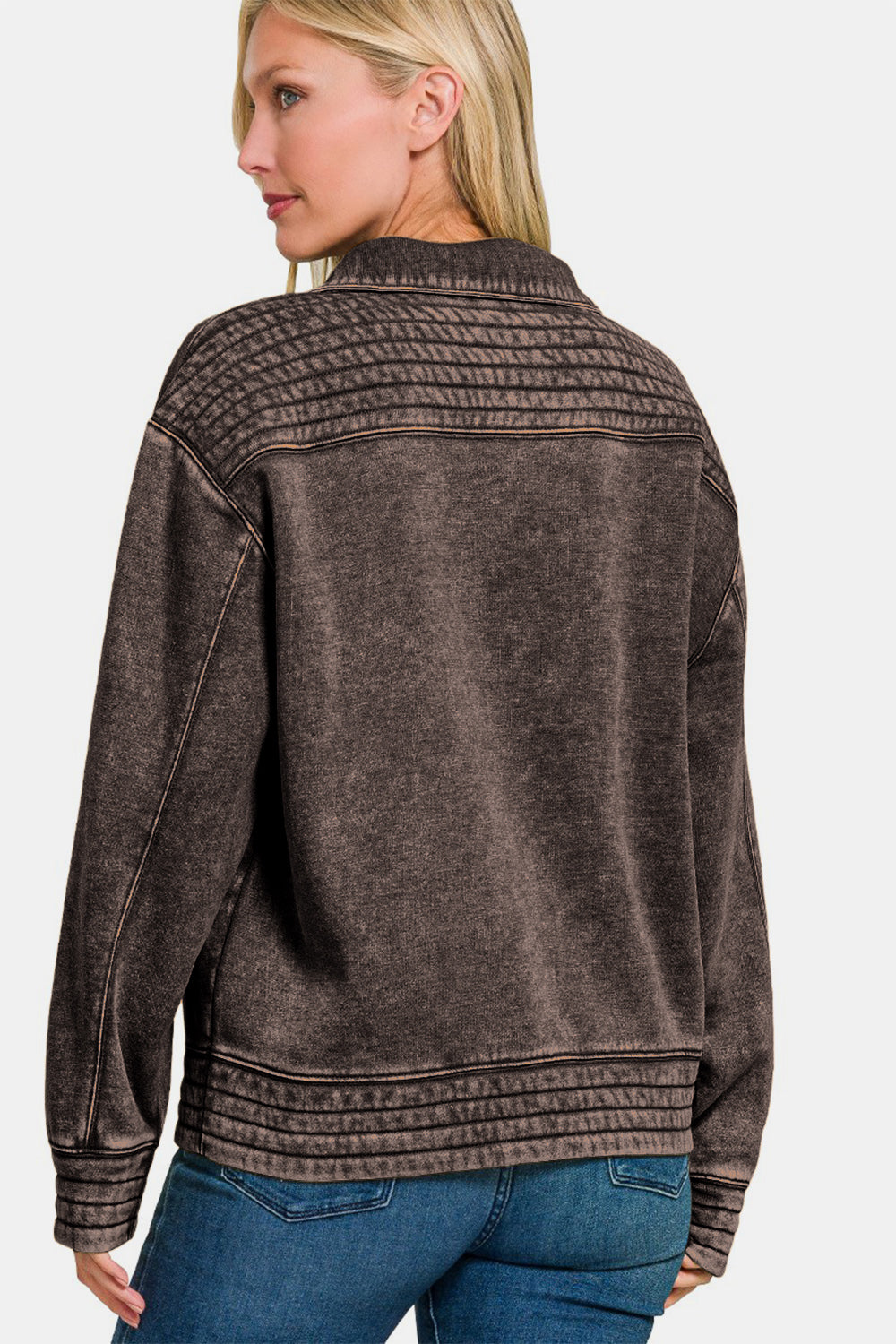 Zenana Acid Washed Half Snap Fleece Sweatshirt - Ash Black