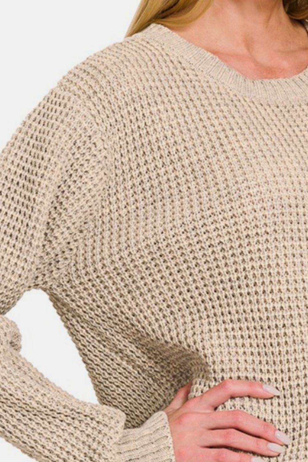 Zenana High Low Long Sleeve Waffle Sweater - Beige