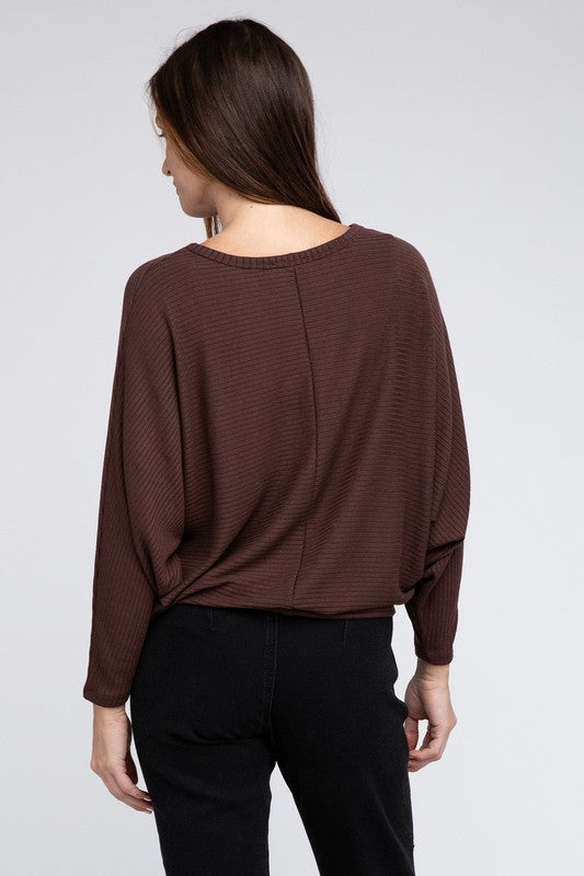 Ribbed Batwing Long Sleeve Boat Neck Sweater - Zenana