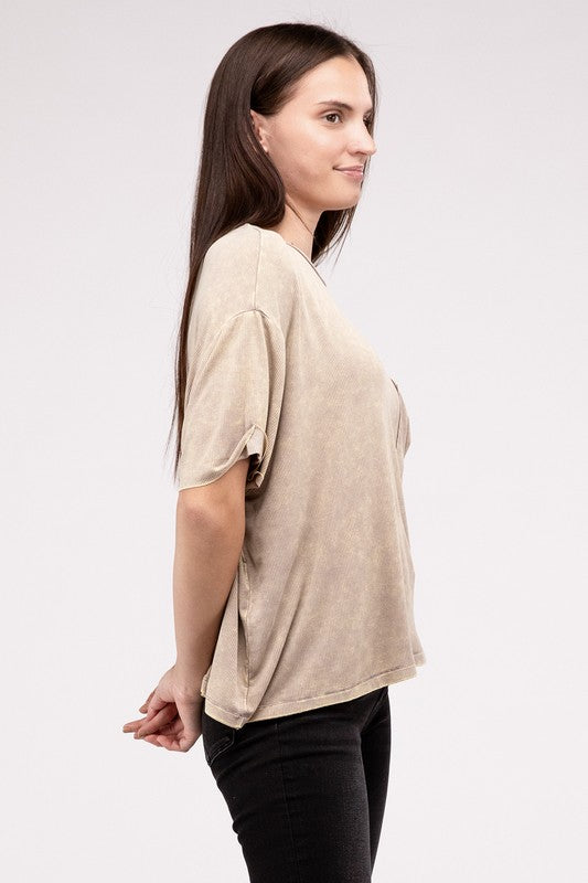 Washed Ribbed Cuffed Short Sleeve Round Neck Top - Zenana