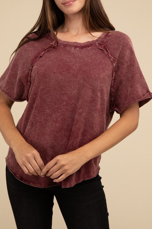 Back Patch Crinkle Washed Raglan Sleeve T-Shirt - Zenana