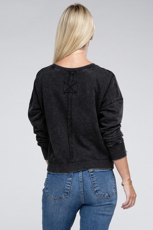French Terry Acid Wash Boat Neck Pullover - Zenana