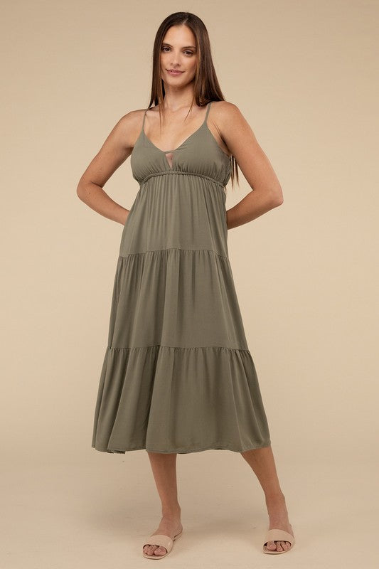 Woven Sweetheart Neckline Tiered Cami Midi Dress - Zenana
