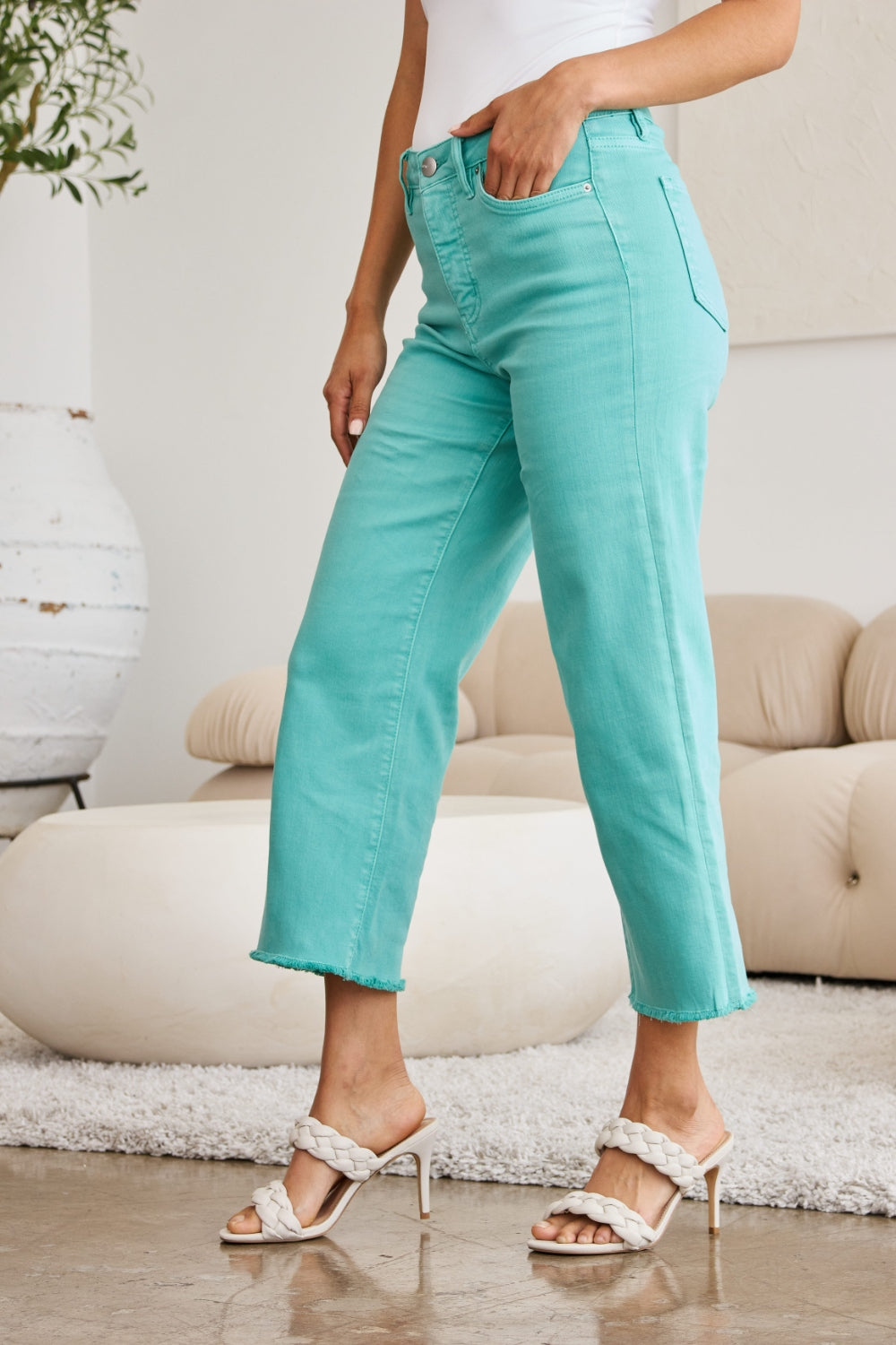 RFM Crop Chloe Full Size Tummy Control High Waist Raw Hem Jeans - Island Green