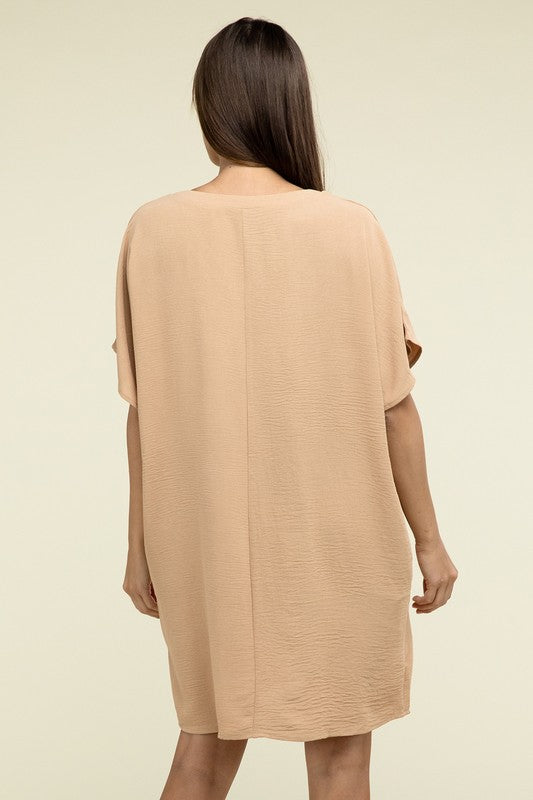 Woven Airflow V Neck T-Shirt Dress with Pockets - Zenana