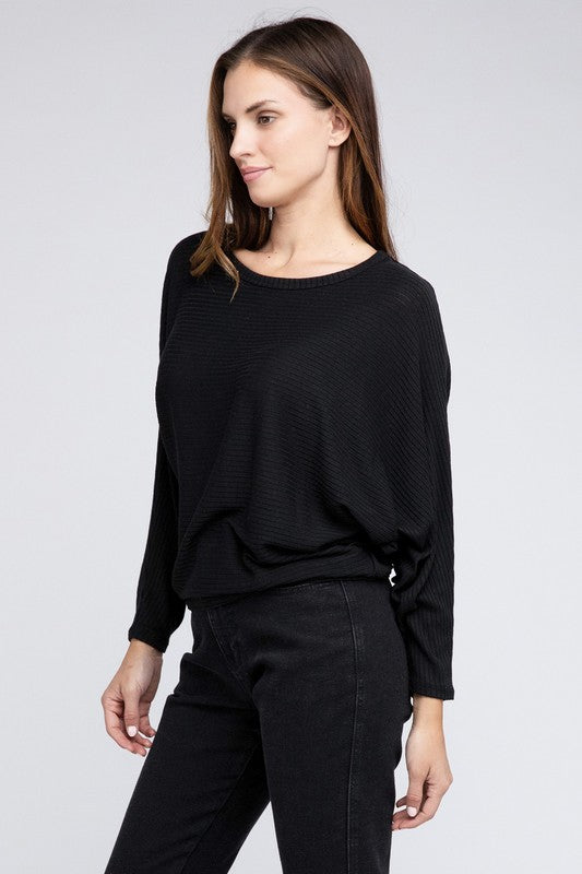 Ribbed Batwing Long Sleeve Boat Neck Sweater - Zenana