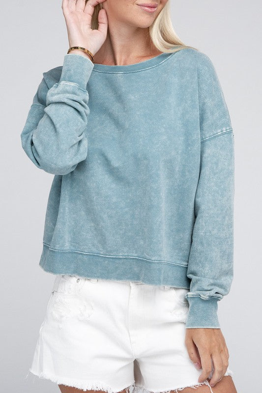 French Terry Acid Wash Boat Neck Pullover - Zenana