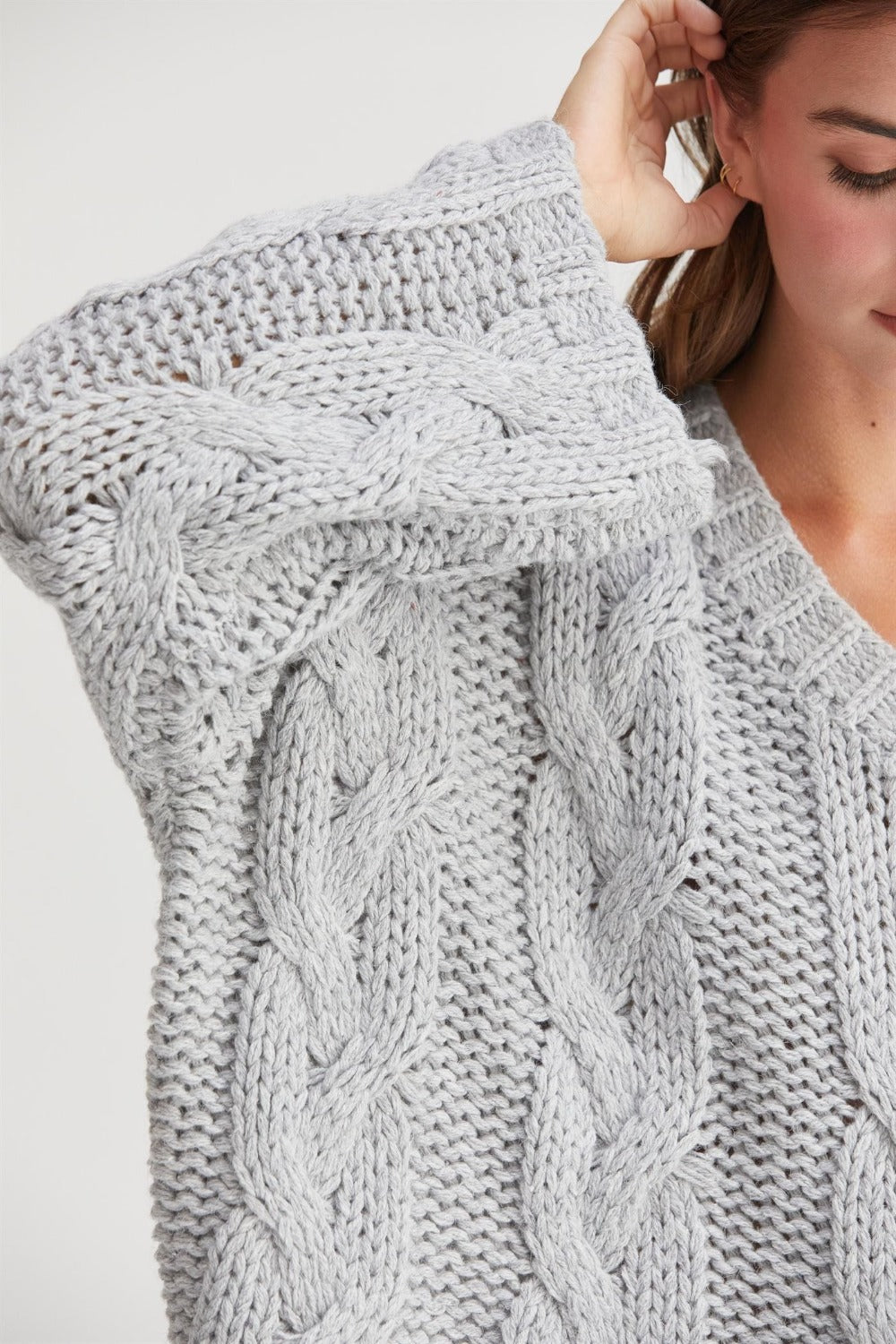 HYFVE Cable Knit V-Neck Sweater - Gray