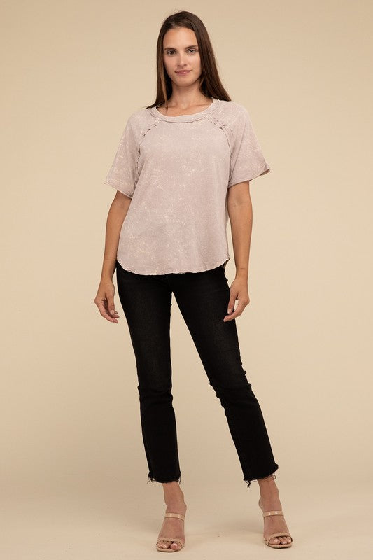 Back Patch Crinkle Washed Raglan Sleeve T-Shirt - Zenana