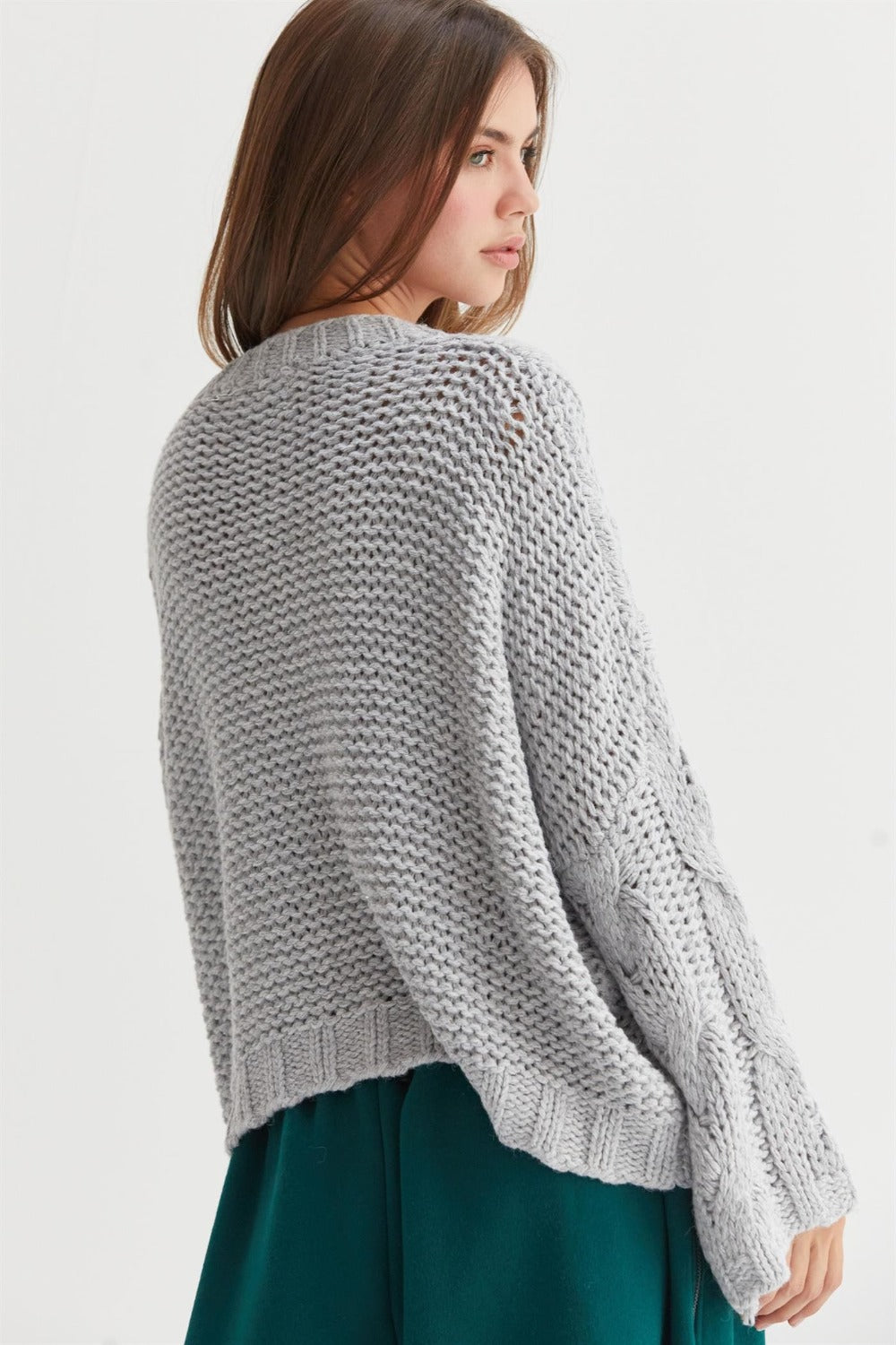 HYFVE Cable Knit V-Neck Sweater - Gray