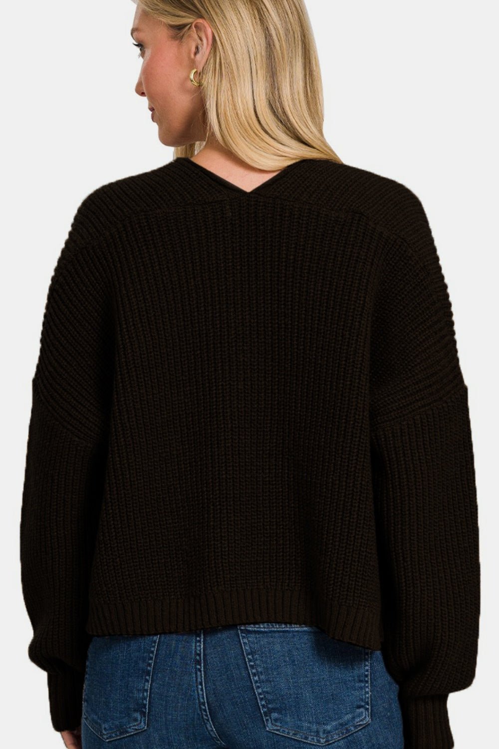 Zenana Open Front Drop Shoulder Sweater Cardigan - Black