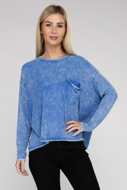 Washed Ribbed Dolman Sleeve Round Neck Top - Zenana