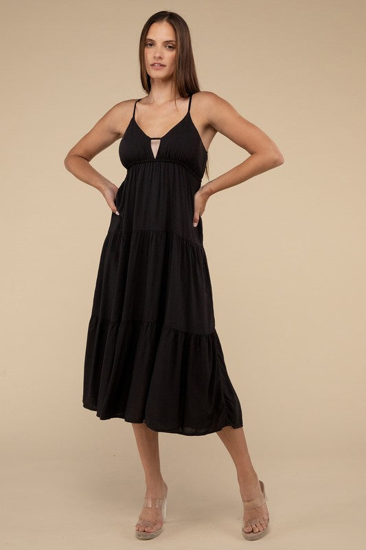 Woven Sweetheart Neckline Tiered Cami Midi Dress - Zenana
