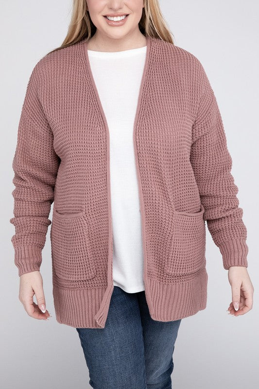 Plus Low Gauge Waffle Open Cardigan Sweater - Zenana