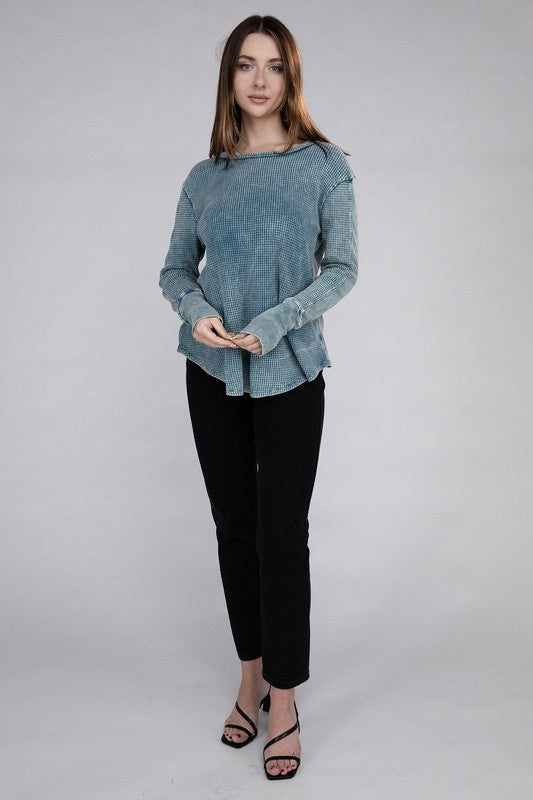 Washed Baby Waffle Long Sleeve Top - Zenana