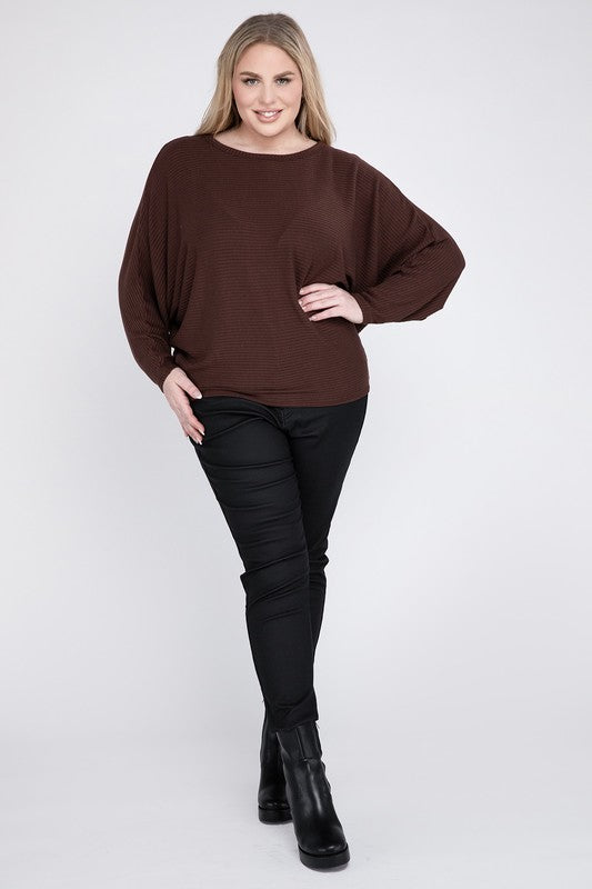 Plus Ribbed Batwing Long Sleeve Boat Neck Sweater - Zenana