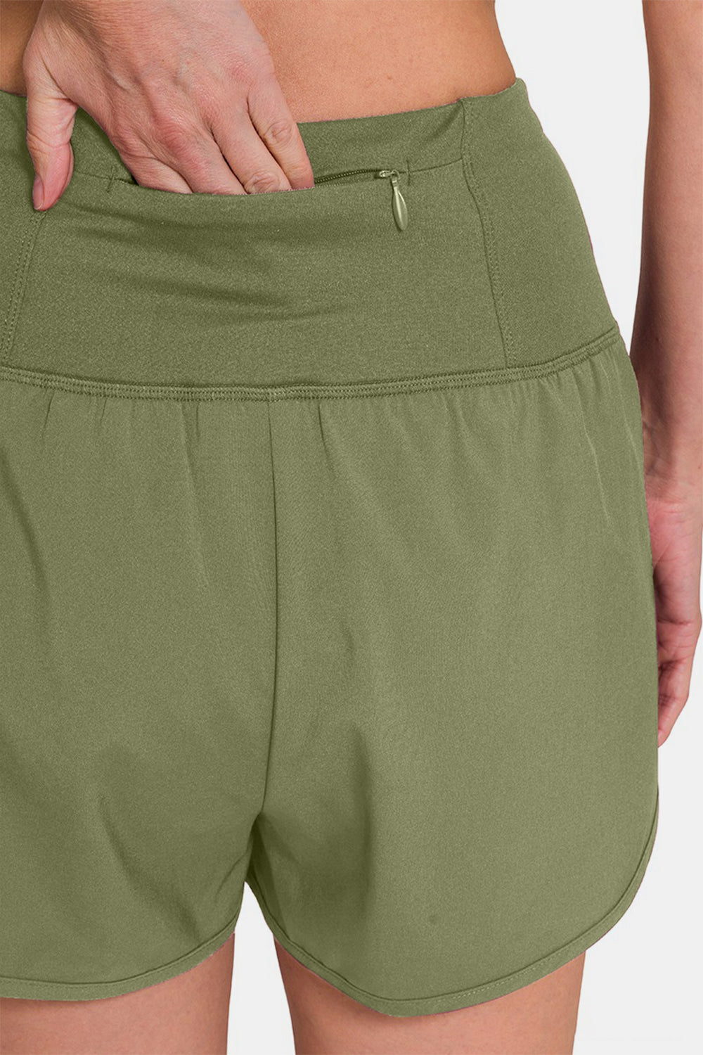 Zenana High-Waisted Zippered Back Pocket Active Shorts - Lt Olive