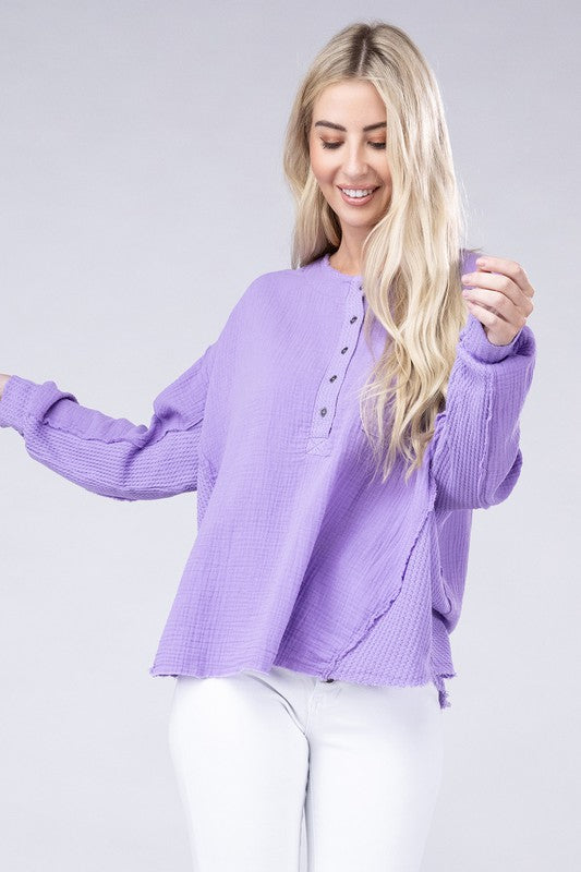 Double Gauze Oversized 3/4 Button Henley Neck Top - Zenana