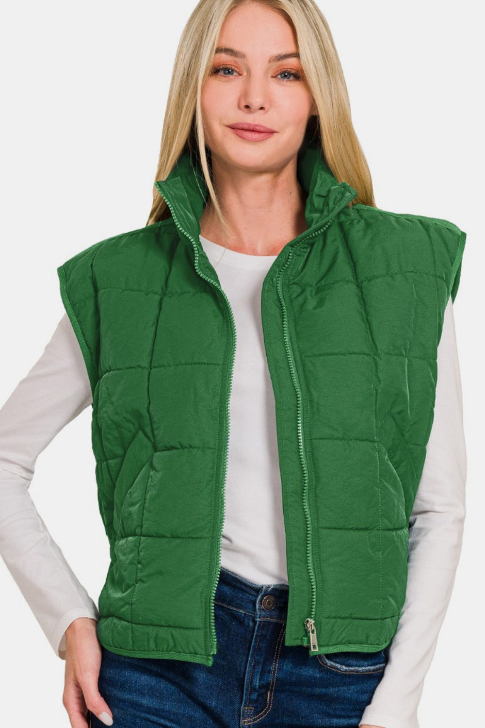 Zenana Zip Up Cropped Puffer Vest with Pockets - Green