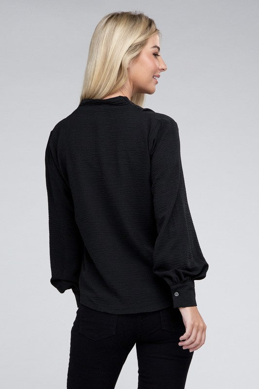 Woven Airflow V-Neck Long Sleeve Top - Zenana