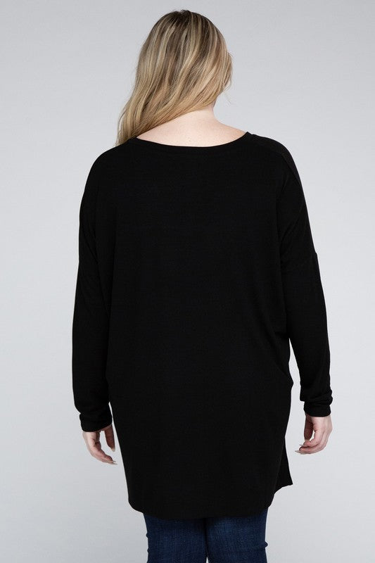 Plus Dolman Sleeve V-Neck Side Slit Hi-Low Hem Top - Zenana