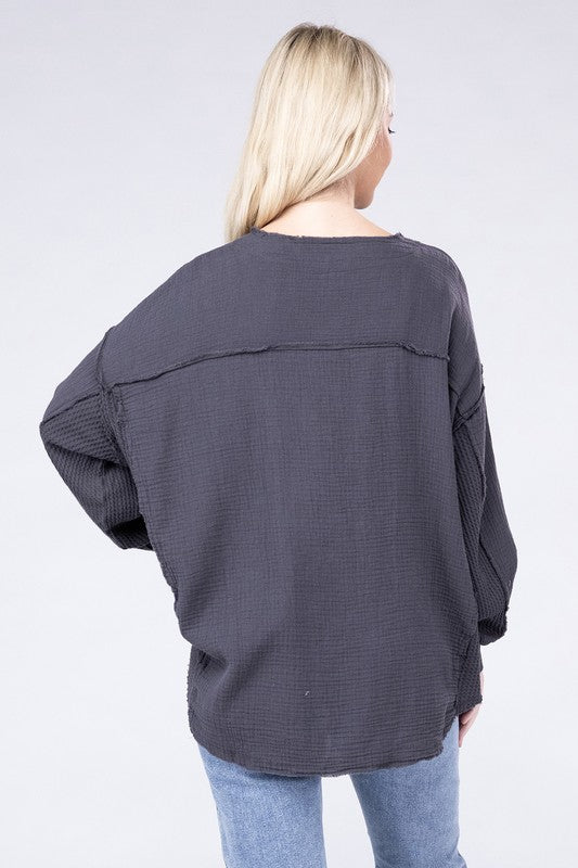 Double Gauze Oversized 3/4 Button Henley Neck Top - Zenana