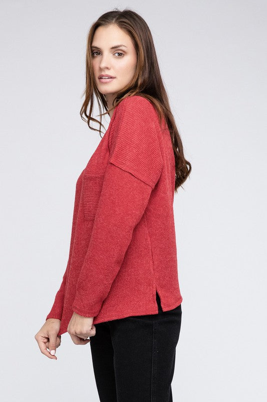 Ribbed Brushed Melange Hacci Sweater with a Pocket - Zenana