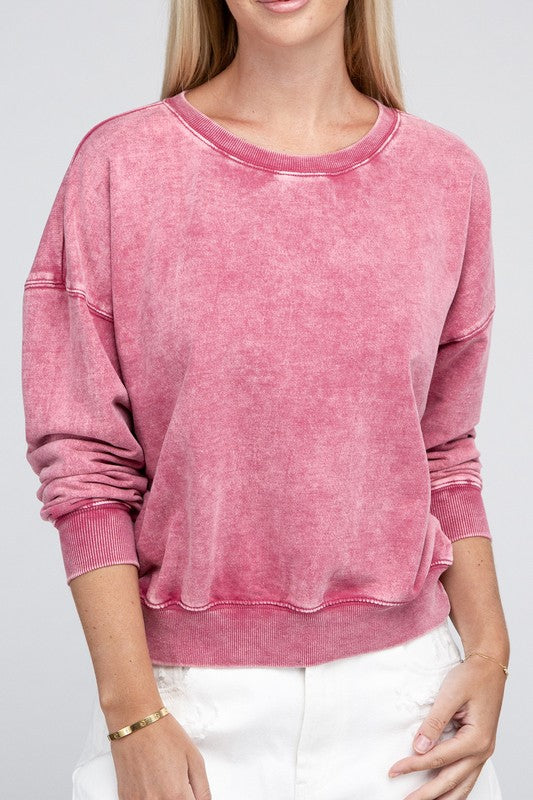 French Terry Acid Wash Boat Neck Pullover - Zenana