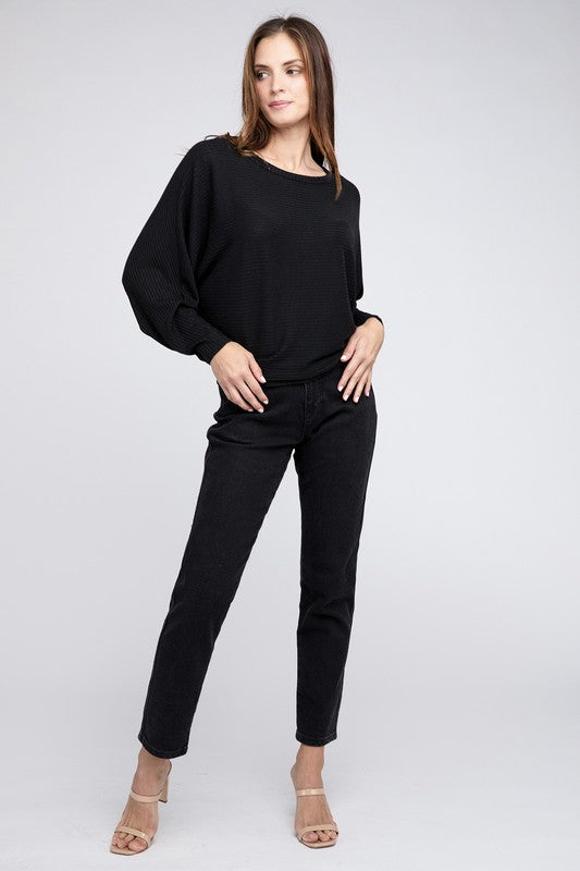 Ribbed Batwing Long Sleeve Boat Neck Sweater - Zenana