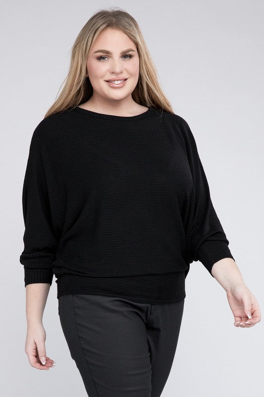 Plus Ribbed Batwing Long Sleeve Boat Neck Sweater - Zenana
