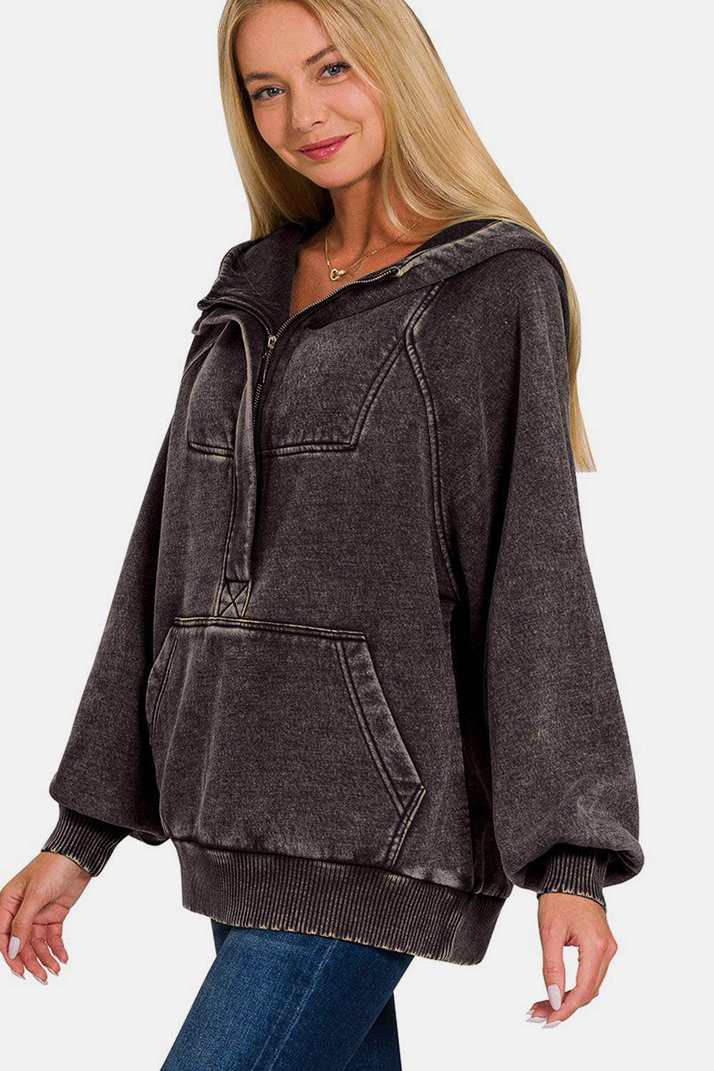 Zenana Acid Wash Fleece Kangaroo Hoodie - Ash Black