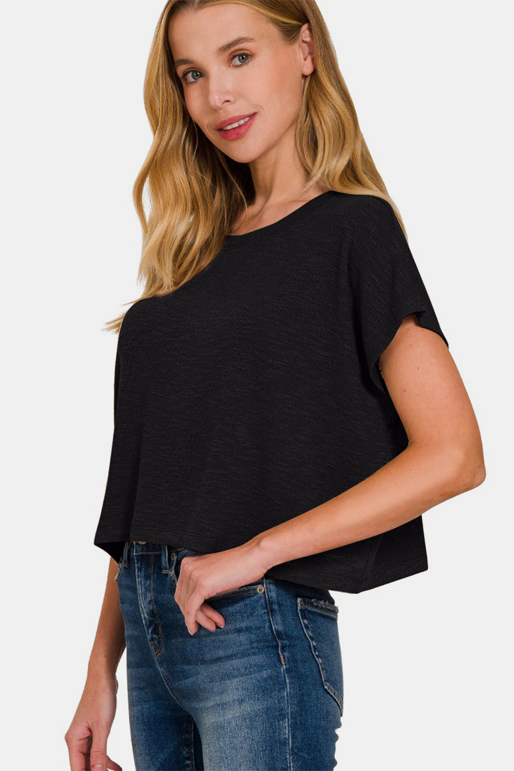 Zenana Round Neck Short Sleeve Crop T-Shirt - Black
