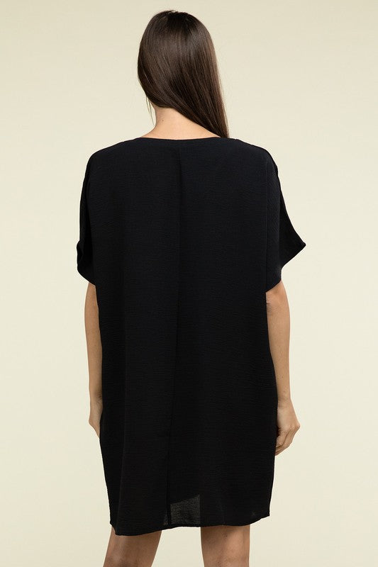 Woven Airflow V Neck T-Shirt Dress with Pockets - Zenana