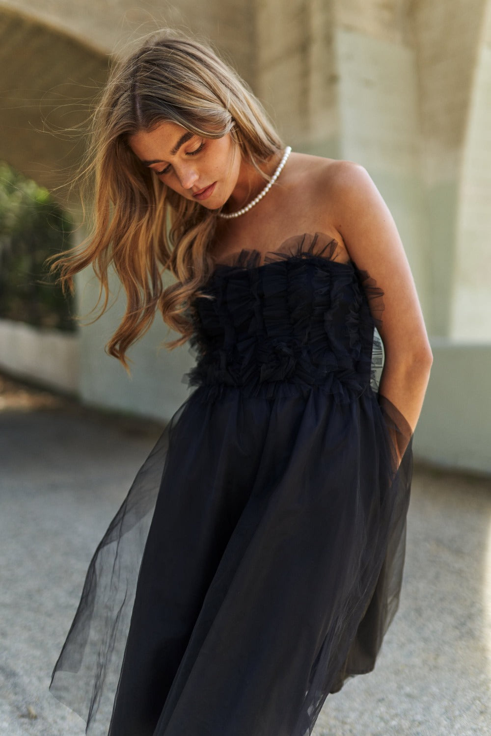 J.NNA Mesh Ruffle Tube Top Swing Dress - Black