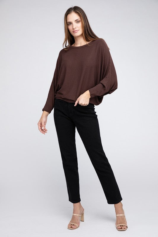 Ribbed Batwing Long Sleeve Boat Neck Sweater - Zenana