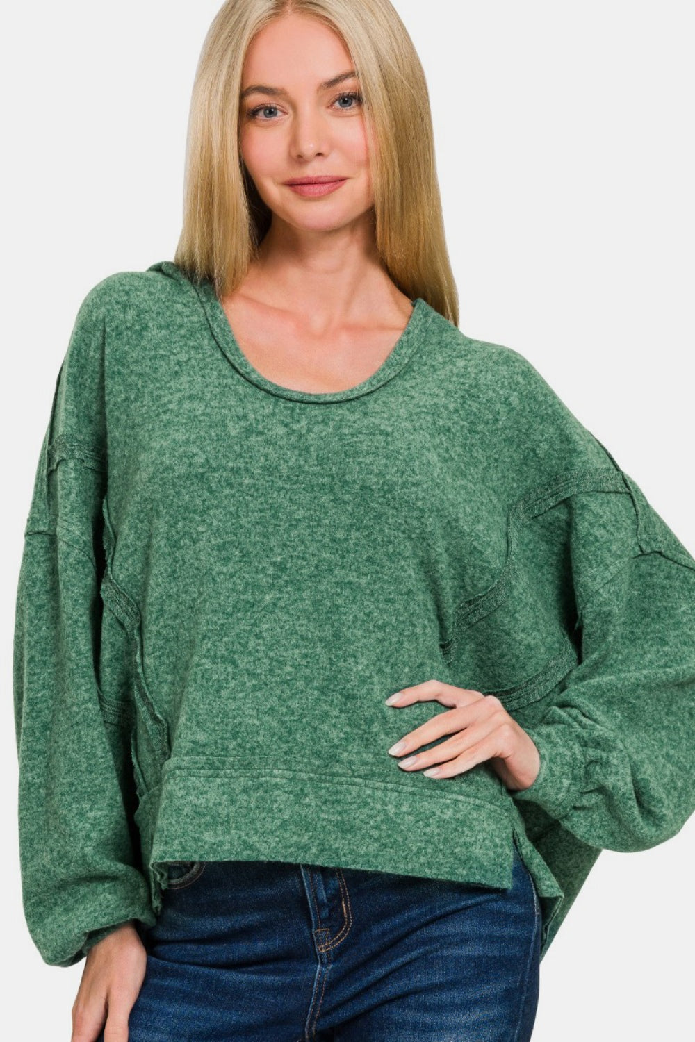 Zenana Brushed Hacci Exposed Seam Hoodie - Green