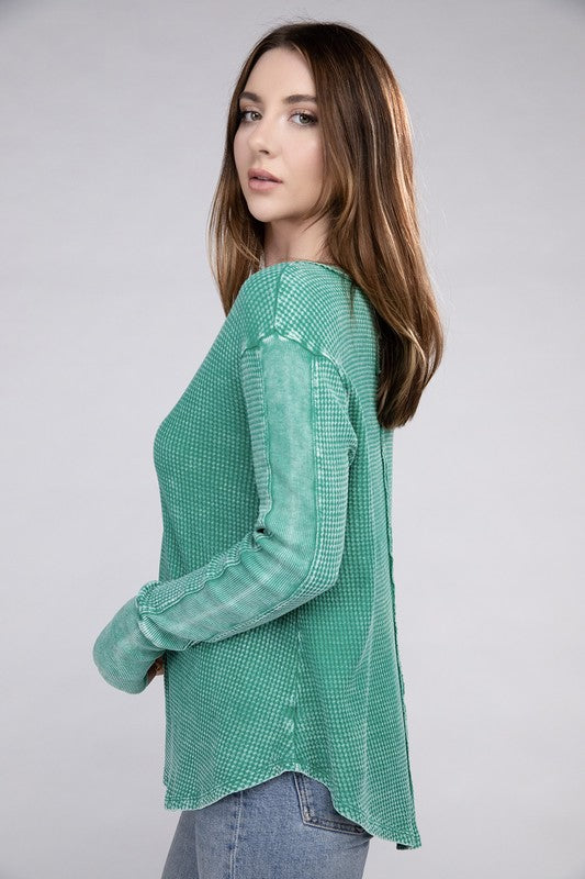 Washed Baby Waffle Long Sleeve Top - Zenana