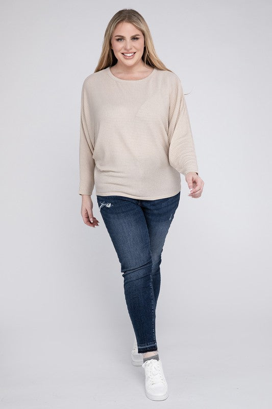 Plus Ribbed Batwing Long Sleeve Boat Neck Sweater - Zenana