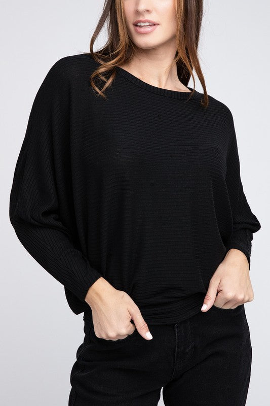 Ribbed Batwing Long Sleeve Boat Neck Sweater - Zenana