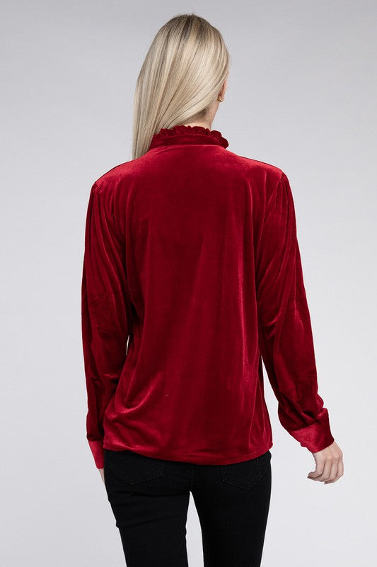 Frill Notched Neckline Velvet Blouse - Nuvi Apparel