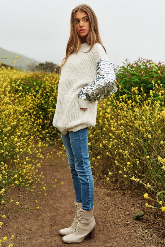 Sequin Sleeve Sweater Knit Tunic Top - Davi and Dani
