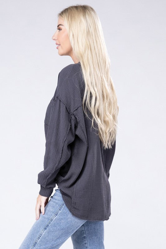 Double Gauze Oversized 3/4 Button Henley Neck Top - Zenana