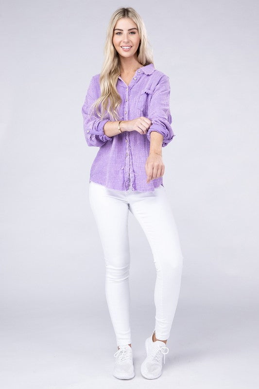 Washed Double Gauze Button Down Shirt - Zenana