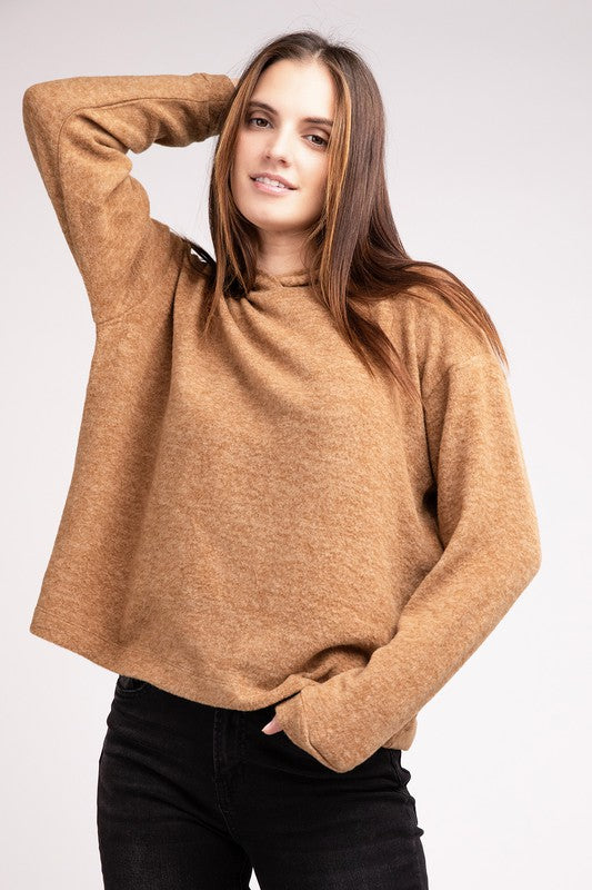Hooded Brushed Melange Hacci Sweater - Zenana
