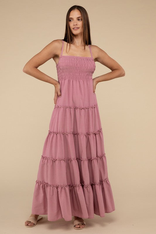 Woven Smocked Top Tiered Cami Maxi Dress - Zenana