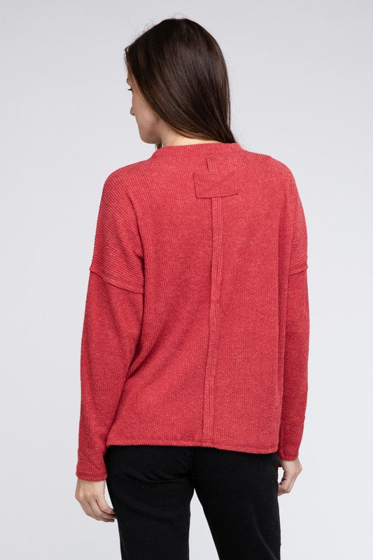 Ribbed Brushed Melange Hacci Sweater with a Pocket - Zenana
