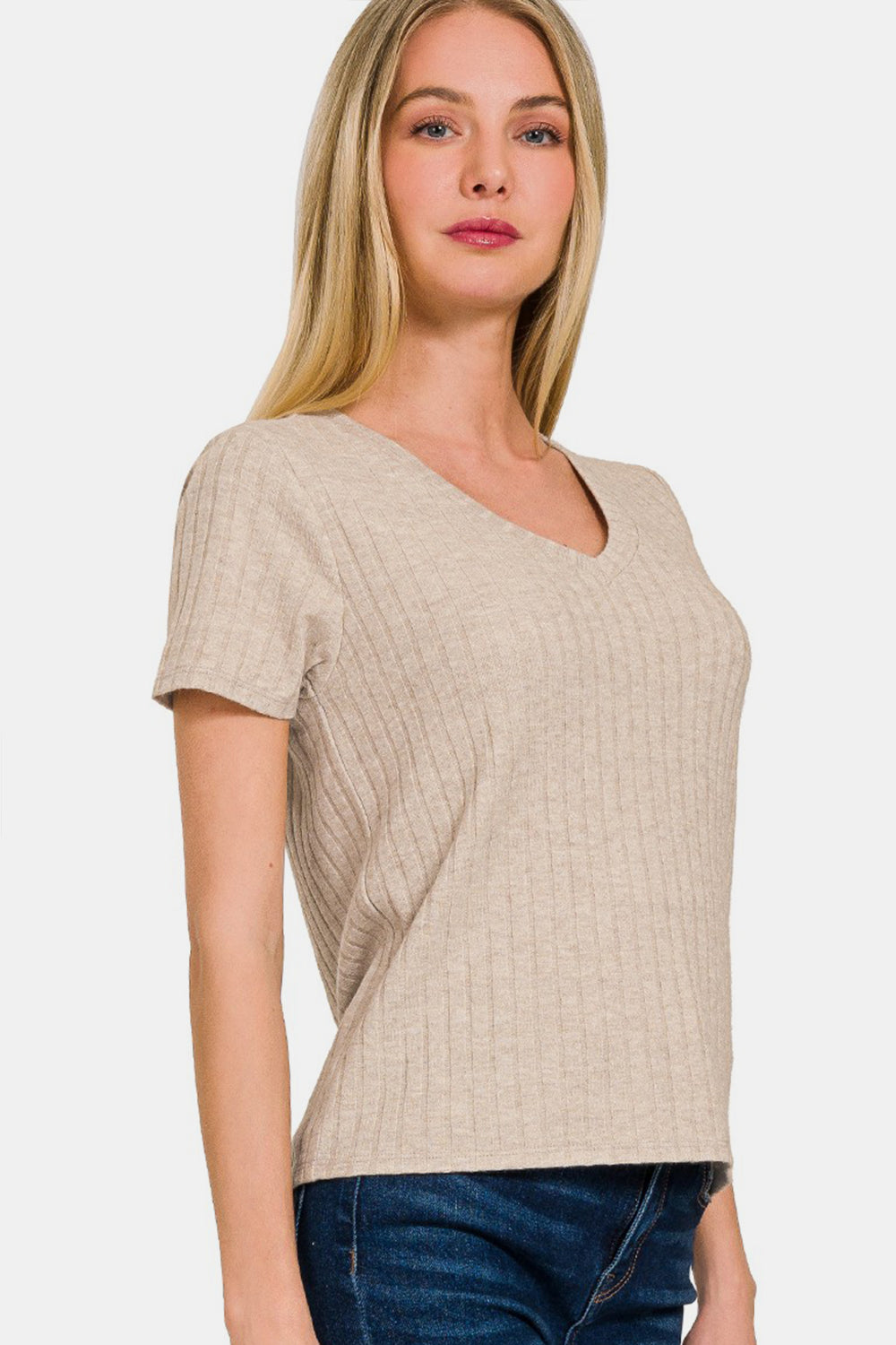 Zenana Ribbed Short Sleeve T-Shirt - Ash Mocha