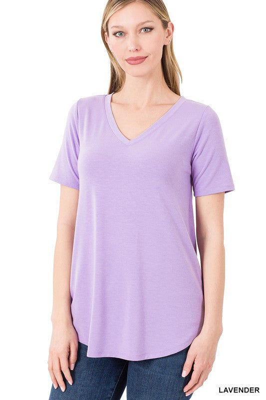 Short Sleeve V-Neck Round Hem Top - Zenana