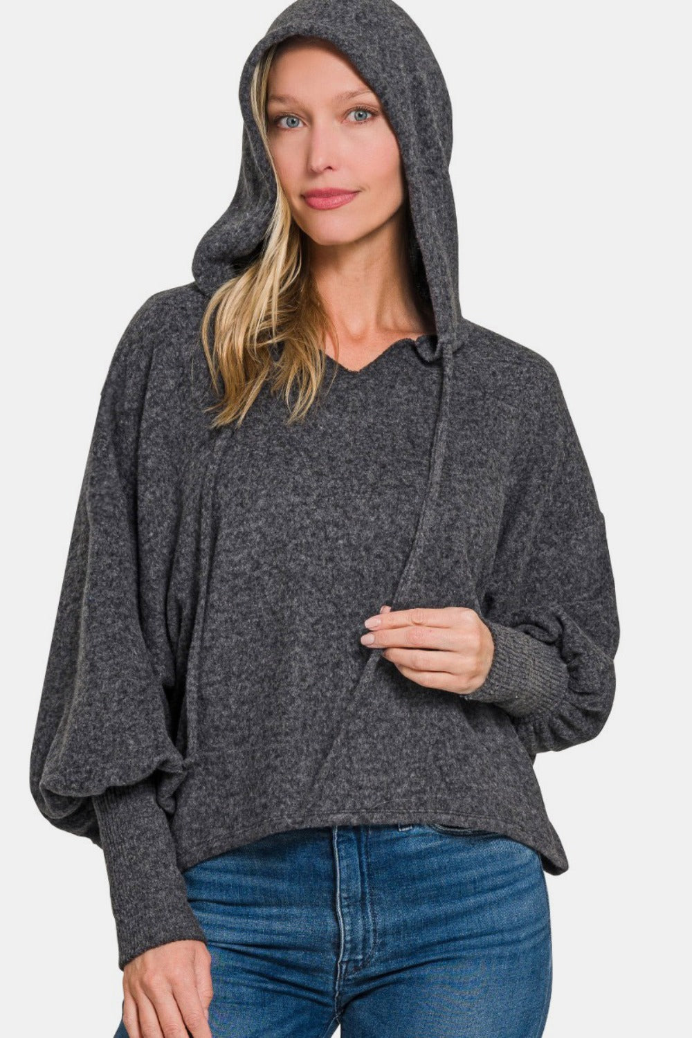 Zenana Brushed Hacci Drop Shoulder Cropped Hoodie - Black